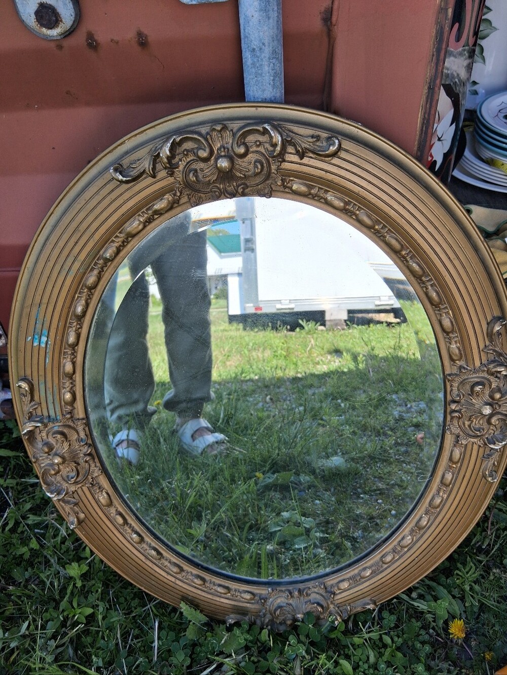 Antique Oval Gilt Mirror Wood & Plaster